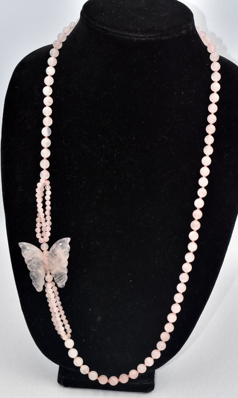 Vintage Genuine Natural Pink Quartz Crystal Bead Necklace Butterfly Pendant